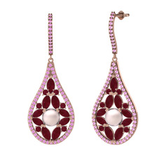 Pembe inci, kök yakut ve pembe kuvars 18 ayar rose altın küpe