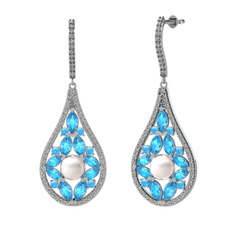 Inci, akuamarin ve beyaz zirkon 18 ayar beyaz altın küpe