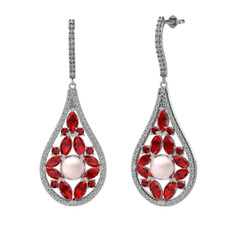 Pembe inci, garnet ve swarovski 18 ayar beyaz altın küpe