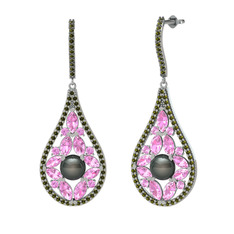 Apodemia İnci Küpe - Siyah inci, pembe kuvars ve peridot 18 ayar beyaz altın küpe #1741bgh