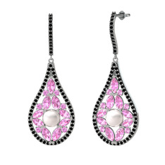 Inci, pembe kuvars ve siyah zirkon 18 ayar beyaz altın küpe