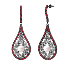 Inci, swarovski ve garnet 925 ayar siyah rodyum kaplama gümüş küpe