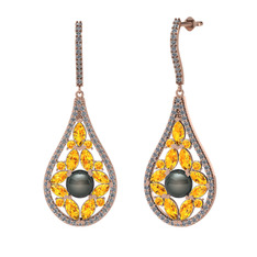 Apodemia İnci Küpe - Siyah inci, sitrin ve pırlanta 925 ayar rose altın kaplama gümüş küpe (1.11 karat) #17mlag3