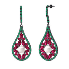 Apodemia İnci Küpe - Inci, rodolit garnet ve kök zümrüt 925 ayar siyah rodyum kaplama gümüş küpe #17q6b1d