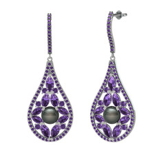 Apodemia İnci Küpe - Siyah inci ve ametist 8 ayar beyaz altın küpe #18aqdw1