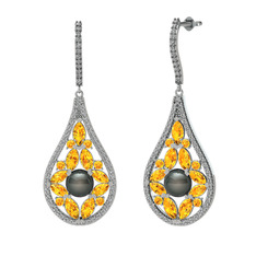 Apodemia İnci Küpe - Siyah inci, sitrin ve swarovski 18 ayar beyaz altın küpe #18i3x6m