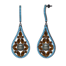 Apodemia İnci Küpe - Siyah inci, dumanlı kuvars ve akuamarin 925 ayar siyah rodyum kaplama gümüş küpe #18k75tk