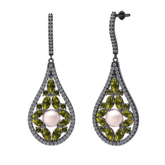 Apodemia İnci Küpe - Pembe inci, peridot ve pırlanta 925 ayar siyah rodyum kaplama gümüş küpe (1.11 karat) #18l2p89