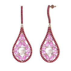 Inci, pembe kuvars ve rodolit garnet 14 ayar rose altın küpe