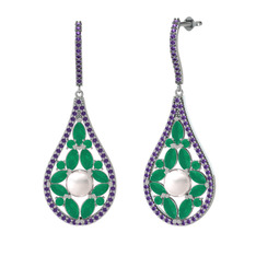 Apodemia İnci Küpe - Inci, kök zümrüt ve ametist 18 ayar beyaz altın küpe #18w14if