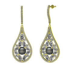 Apodemia İnci Küpe - Siyah inci, beyaz zirkon ve swarovski 14 ayar altın küpe #19355zm