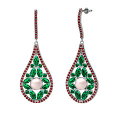 Apodemia İnci Küpe - Pembe inci, yeşil kuvars ve garnet 18 ayar beyaz altın küpe #19gipp4