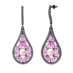 Apodemia İnci Küpe - Pembe inci, pembe kuvars ve pırlanta 925 ayar siyah rodyum kaplama gümüş küpe (1.11 karat) #19gqdj7