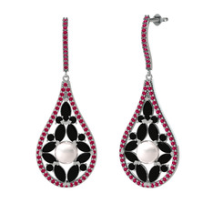 Apodemia İnci Küpe - Inci, siyah zirkon ve rodolit garnet 14 ayar beyaz altın küpe #1a74mi0