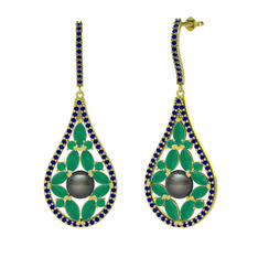 Apodemia İnci Küpe - Siyah inci, kök zümrüt ve lab safir 14 ayar altın küpe #1aejcwp