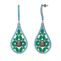 Apodemia İnci Küpe - Siyah inci, kök zümrüt ve akuamarin 8 ayar beyaz altın küpe #1am0wha