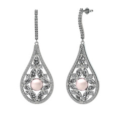 Apodemia İnci Küpe - Pembe inci, swarovski ve beyaz zirkon 18 ayar beyaz altın küpe #1aphdke