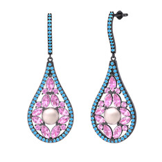 Apodemia İnci Küpe - Pembe inci, pembe kuvars ve akuamarin 925 ayar siyah rodyum kaplama gümüş küpe #1avipyb