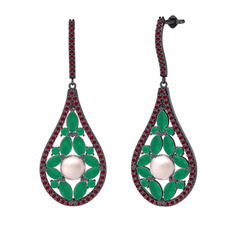 Apodemia İnci Küpe - Pembe inci, kök zümrüt ve kök yakut 925 ayar siyah rodyum kaplama gümüş küpe #1b5ca67