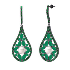 Apodemia İnci Küpe - Inci, kök zümrüt ve yeşil kuvars 925 ayar siyah rodyum kaplama gümüş küpe #1b6yydi