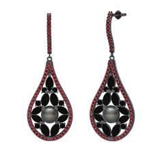 Apodemia İnci Küpe - Siyah inci, siyah zirkon ve garnet 925 ayar siyah rodyum kaplama gümüş küpe #1b9bvln