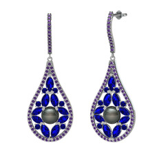 Siyah inci, lab safir ve ametist 8 ayar beyaz altın küpe