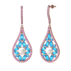 Inci, akuamarin ve pembe kuvars 8 ayar rose altın küpe