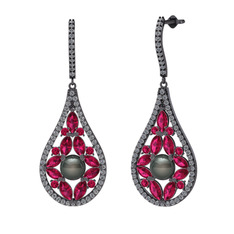 Apodemia İnci Küpe - Siyah inci, rodolit garnet ve pırlanta 925 ayar siyah rodyum kaplama gümüş küpe (1.11 karat) #1cuij8v