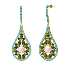 Pembe inci, peridot ve akuamarin 18 ayar altın küpe