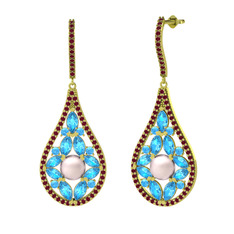 Pembe inci, akuamarin ve kök yakut 18 ayar altın küpe