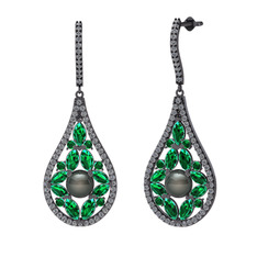 Apodemia İnci Küpe - Siyah inci, yeşil kuvars ve pırlanta 925 ayar siyah rodyum kaplama gümüş küpe (1.11 karat) #1db89v6