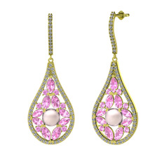 Pembe inci, pembe kuvars ve swarovski 14 ayar altın küpe