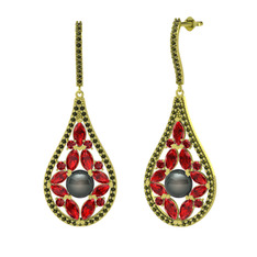 Siyah inci, garnet ve peridot 14 ayar altın küpe