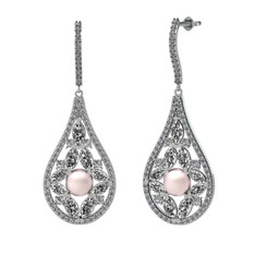 Apodemia İnci Küpe - Pembe inci, swarovski ve pırlanta 8 ayar beyaz altın küpe (1.11 karat) #1doeamd