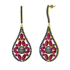 Apodemia İnci Küpe - Siyah inci, rodolit garnet ve lab safir 18 ayar altın küpe #1dxszog