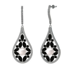 Apodemia İnci Küpe - Inci, siyah zirkon ve beyaz zirkon 14 ayar beyaz altın küpe #1e5z72i