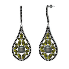 Siyah inci, peridot ve siyah zirkon 18 ayar beyaz altın küpe