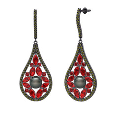 Apodemia İnci Küpe - Siyah inci, garnet ve peridot 925 ayar siyah rodyum kaplama gümüş küpe #1ede2q1