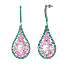 Apodemia İnci Küpe - Inci, pembe kuvars ve kök zümrüt 18 ayar beyaz altın küpe #1ej9op1