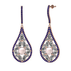 Apodemia İnci Küpe - Pembe inci, swarovski ve lab safir 18 ayar rose altın küpe #1exkjrn