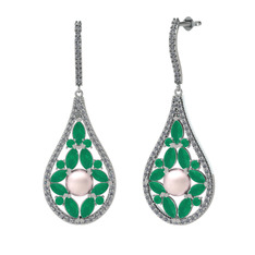 Apodemia İnci Küpe - Pembe inci, kök zümrüt ve pırlanta 14 ayar beyaz altın küpe (1.11 karat) #1f089tt