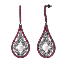 Apodemia İnci Küpe - Inci, swarovski ve rodolit garnet 925 ayar siyah rodyum kaplama gümüş küpe #1f4janf