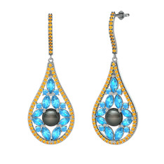 Apodemia İnci Küpe - Siyah inci, akuamarin ve sitrin 18 ayar beyaz altın küpe #1ffytxz