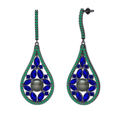 Apodemia İnci Küpe - Siyah inci, lab safir ve kök zümrüt 925 ayar siyah rodyum kaplama gümüş küpe #1fpabc5