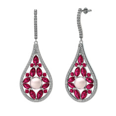 Apodemia İnci Küpe - Pembe inci, rodolit garnet ve swarovski 18 ayar beyaz altın küpe #1fwwarz