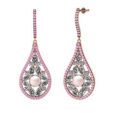 Pembe inci, swarovski ve pembe kuvars 8 ayar rose altın küpe