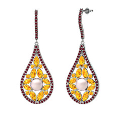 Pembe inci, sitrin ve kök yakut 14 ayar beyaz altın küpe