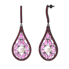 Apodemia İnci Küpe - Inci, pembe kuvars ve kök yakut 925 ayar siyah rodyum kaplama gümüş küpe #1gpsd04