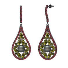 Apodemia İnci Küpe - Siyah inci, peridot ve garnet 925 ayar siyah rodyum kaplama gümüş küpe #1h00dgy