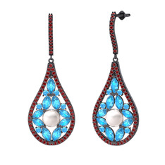 Apodemia İnci Küpe - Inci, akuamarin ve garnet 925 ayar siyah rodyum kaplama gümüş küpe #1h3lpzk